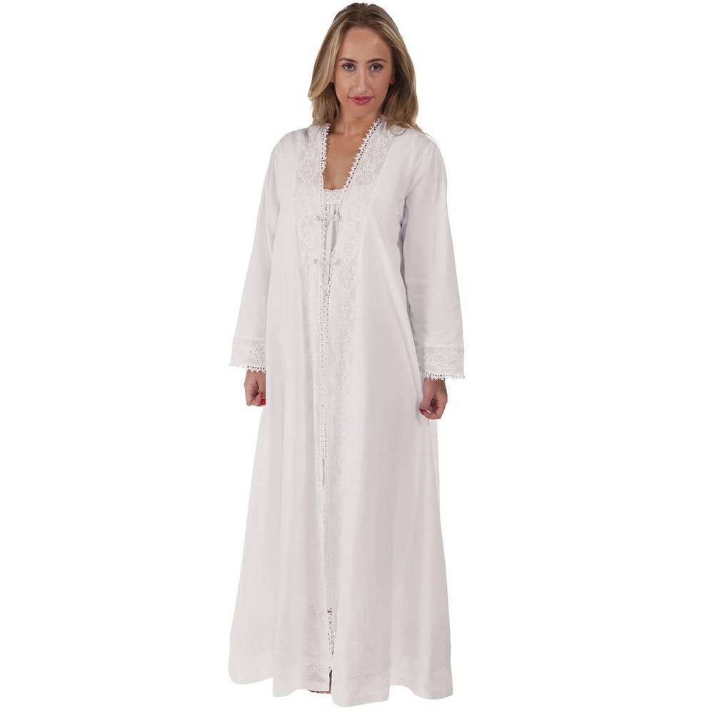 The 1 for U White Cotton Victorian‎ Nightgown Robe Eyelet Lace Frog Closure Q424